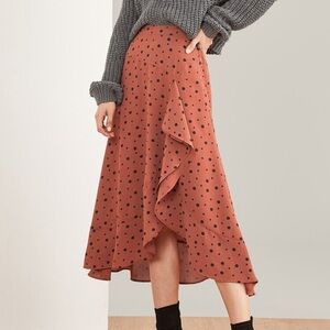 SHEIN Asymmetrical Hem Polka Dot Ruffle Midi Skirt - Rust and Black Size Small